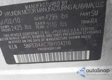 2011 Hyundai Sonata Gls из США, поврежденный, VIN 5NPEB4AC7BH104216